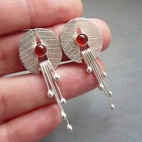 Hand Crafted Jewelry - NEW Katya Handmade Silver and Red Cabochon Geometric Dangle Earrings